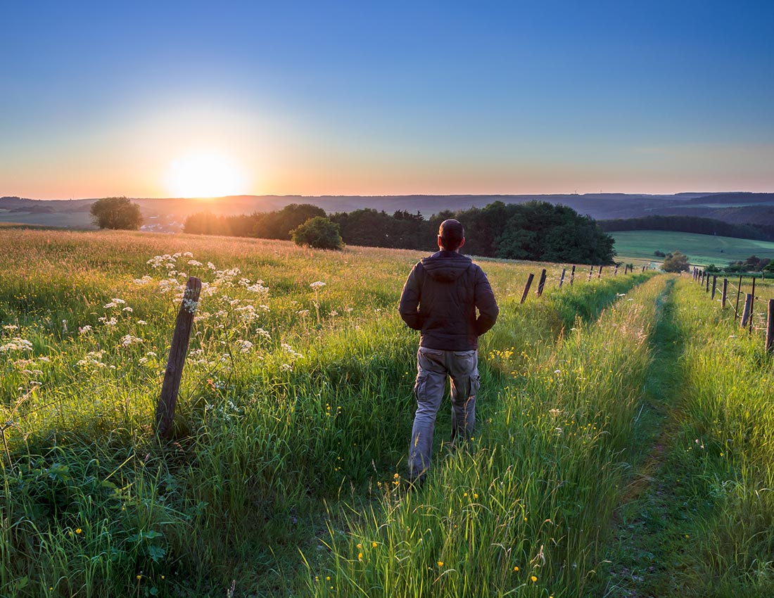 Spirituelle Energie: Ein Mann läuft über eine Wiese in Richtung Sonnenuntergang